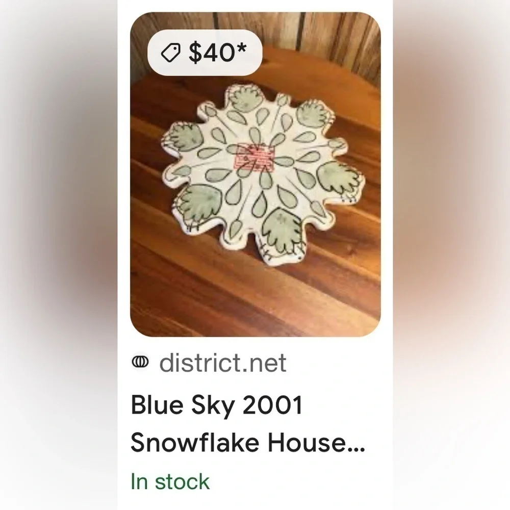 Snowflake 7” Blue Sky Clayworks Trivet/Tea Light Candle Green/Gold EUC